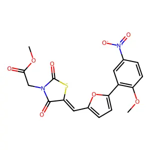 methyl [(5E)-5-{[5-(2-methoxy-5-nitrophenyl)furan-2-yl]methylidene}-2,4-dioxo-1,3-thiazolidin-3-yl]acetate structure