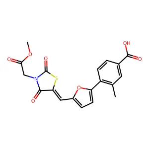 (E)-4-(5-((3-(2-methoxy-2-oxoethyl)-2,4-dioxothiazolidin-5-ylidene)methyl)furan-2-yl)-3-methylbenzoic acid structure