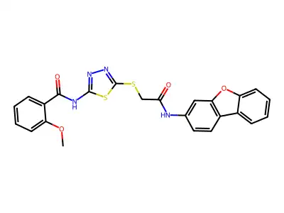 N-(5-((2-(dibenzo[b,d]furan-3-ylamino)-2-oxoethyl)thio)-1,3,4-thiadiazol-2-yl)-2-methoxybenzamide structure