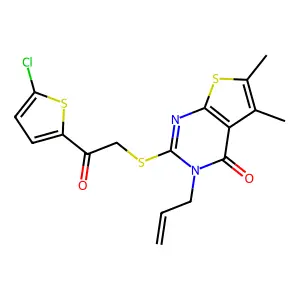 2-[2-(5-chlorothiophen-2-yl)-2-oxoethyl]sulfanyl-5,6-dimethyl-3-prop-2-enylthieno[2,3-d]pyrimidin-4-one structure