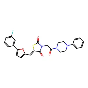 (5E)-5-[[5-(3-fluorophenyl)furan-2-yl]methylidene]-3-[2-oxo-2-(4-phenylpiperazin-1-yl)ethyl]-1,3-thiazolidine-2,4-dione structure