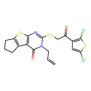 2-{[2-(2,5-dichlorothiophen-3-yl)-2-oxoethyl]sulfanyl}-3-(prop-2-en-1-yl)-3,5,6,7-tetrahydro-4H-cyclopenta[4,5]thieno[2,3-d]pyrimidin-4-one structure