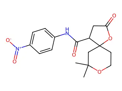 7,7-dimethyl-N-(4-nitrophenyl)-2-oxo-1,8-dioxaspiro[4.5]decane-4-carboxamide structure