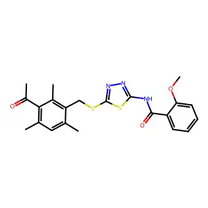 N-[5-[(3-acetyl-2,4,6-trimethylphenyl)methylsulfanyl]-1,3,4-thiadiazol-2-yl]-2-methoxybenzamide structure