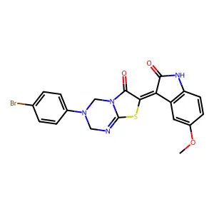 (7Z)-3-(4-bromophenyl)-7-(5-methoxy-2-oxo-1H-indol-3-ylidene)-2,4-dihydro-[1,3]thiazolo[3,2-a][1,3,5]triazin-6-one structure