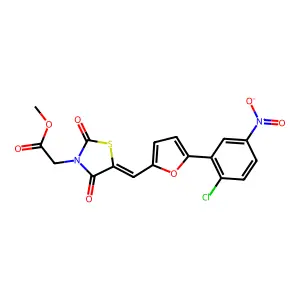 methyl [(5E)-5-{[5-(2-chloro-5-nitrophenyl)furan-2-yl]methylidene}-2,4-dioxo-1,3-thiazolidin-3-yl]acetate structure