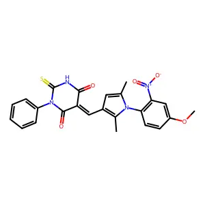(5E)-5-[[1-(4-methoxy-2-nitrophenyl)-2,5-dimethylpyrrol-3-yl]methylidene]-1-phenyl-2-sulfanylidene-1,3-diazinane-4,6-dione structure