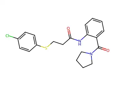 3-(4-chlorophenyl)sulfanyl-N-[2-(pyrrolidine-1-carbonyl)phenyl]propanamide structure