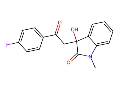 3-hydroxy-3-[2-(4-iodophenyl)-2-oxoethyl]-1-methyl-1,3-dihydro-2H-indol-2-one structure