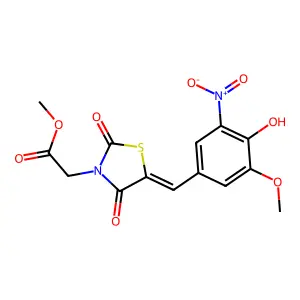 (E)-methyl 2-(5-(4-hydroxy-3-methoxy-5-nitrobenzylidene)-2,4-dioxothiazolidin-3-yl)acetate structure