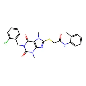 2-[1-[(2-chlorophenyl)methyl]-3,7-dimethyl-2,6-dioxopurin-8-yl]sulfanyl-N-(2-methylphenyl)acetamide structure
