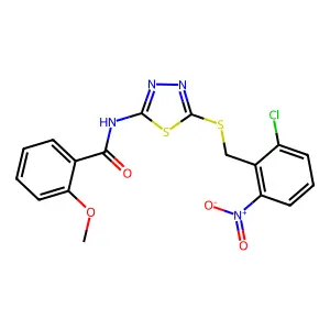 N-[5-[(2-chloro-6-nitrophenyl)methylsulfanyl]-1,3,4-thiadiazol-2-yl]-2-methoxybenzamide structure
