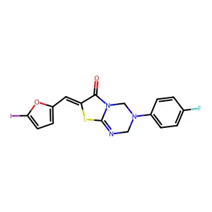 (7Z)-3-(4-fluorophenyl)-7-[(5-iodofuran-2-yl)methylidene]-2,4-dihydro-[1,3]thiazolo[3,2-a][1,3,5]triazin-6-one structure