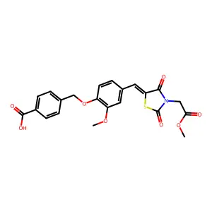 4-[(2-methoxy-4-{(E)-[3-(2-methoxy-2-oxoethyl)-2,4-dioxo-1,3-thiazolidin-5-ylidene]methyl}phenoxy)methyl]benzoic acid structure