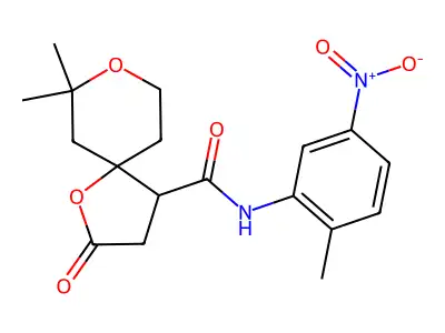 7,7-dimethyl-N-(2-methyl-5-nitrophenyl)-2-oxo-1,8-dioxaspiro[4.5]decane-4-carboxamide structure