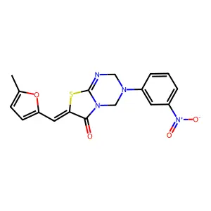 (7Z)-7-[(5-methylfuran-2-yl)methylidene]-3-(3-nitrophenyl)-2,4-dihydro-[1,3]thiazolo[3,2-a][1,3,5]triazin-6-one structure