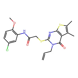 2-((3-allyl-5,6-dimethyl-4-oxo-3,4-dihydrothieno[2,3-d]pyrimidin-2-yl)thio)-N-(5-chloro-2-methoxyphenyl)acetamide structure