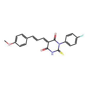 (5E)-1-(4-fluorophenyl)-5-[(2E)-3-(4-methoxyphenyl)prop-2-en-1-ylidene]-2-thioxodihydropyrimidine-4,6(1H,5H)-dione structure