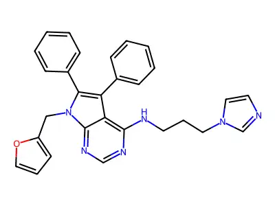 7-(furan-2-ylmethyl)-N-(3-imidazol-1-ylpropyl)-5,6-diphenylpyrrolo[2,3-d]pyrimidin-4-amine structure