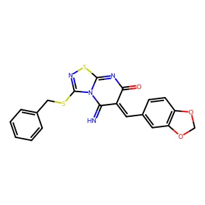 (6Z)-6-(1,3-benzodioxol-5-ylmethylidene)-3-benzylsulfanyl-5-imino-[1,2,4]thiadiazolo[4,5-a]pyrimidin-7-one structure