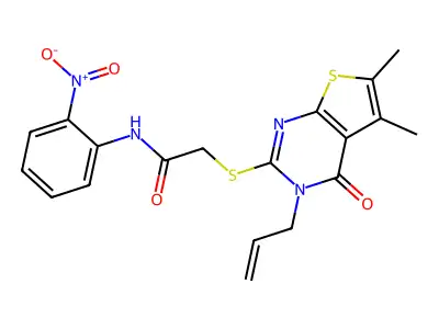 2-((3-allyl-5,6-dimethyl-4-oxo-3,4-dihydrothieno[2,3-d]pyrimidin-2-yl)thio)-N-(2-nitrophenyl)acetamide structure