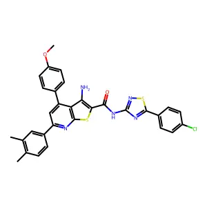 3-amino-N-[5-(4-chlorophenyl)-1,2,4-thiadiazol-3-yl]-6-(3,4-dimethylphenyl)-4-(4-methoxyphenyl)thieno[2,3-b]pyridine-2-carboxamide structure