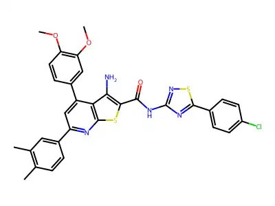 3-amino-N-[5-(4-chlorophenyl)-1,2,4-thiadiazol-3-yl]-4-(3,4-dimethoxyphenyl)-6-(3,4-dimethylphenyl)thieno[2,3-b]pyridine-2-carboxamide structure