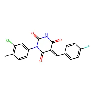 (5Z)-1-(3-chloro-4-methylphenyl)-5-(4-fluorobenzylidene)pyrimidine-2,4,6(1H,3H,5H)-trione structure
