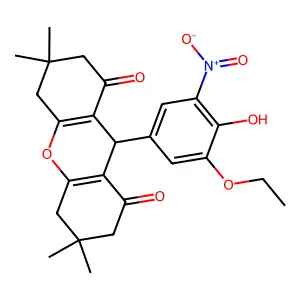 9-(3-ethoxy-4-hydroxy-5-nitrophenyl)-3,3,6,6-tetramethyl-3,4,5,6,7,9-hexahydro-1H-xanthene-1,8(2H)-dione structure