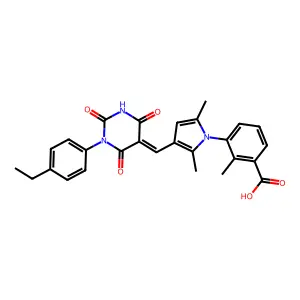 3-(3-{(Z)-[1-(4-ethylphenyl)-2,4,6-trioxotetrahydropyrimidin-5(2H)-ylidene]methyl}-2,5-dimethyl-1H-pyrrol-1-yl)-2-methylbenzoic acid structure
