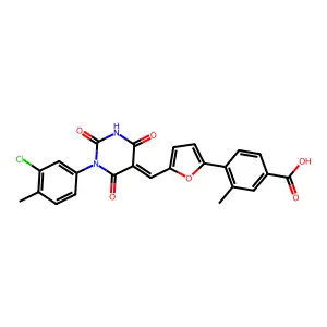 4-(5-{(Z)-[1-(3-chloro-4-methylphenyl)-2,4,6-trioxotetrahydropyrimidin-5(2H)-ylidene]methyl}furan-2-yl)-3-methylbenzoic acid structure