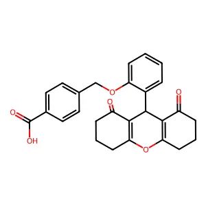 4-{[2-(1,8-dioxo-2,3,4,5,6,7,8,9-octahydro-1H-xanthen-9-yl)phenoxy]methyl}benzoic acid structure