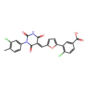 4-chloro-3-(5-{(Z)-[1-(3-chloro-4-methylphenyl)-2,4,6-trioxotetrahydropyrimidin-5(2H)-ylidene]methyl}furan-2-yl)benzoic acid structure