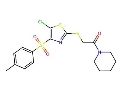 2-((5-Chloro-4-tosylthiazol-2-yl)thio)-1-(piperidin-1-yl)ethanone structure