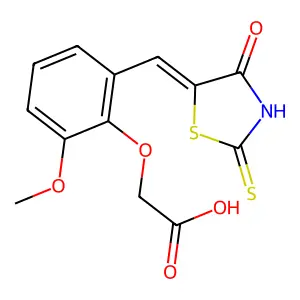 (Z)-2-(2-methoxy-6-((4-oxo-2-thioxothiazolidin-5-ylidene)methyl)phenoxy)acetic acid structure