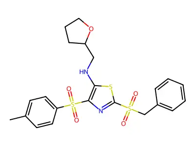 2-(benzylsulfonyl)-N-((tetrahydrofuran-2-yl)methyl)-4-tosylthiazol-5-amine structure