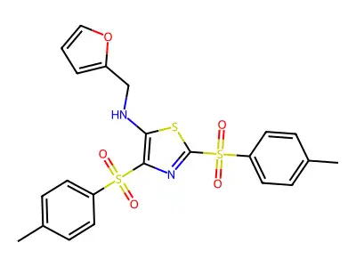 N-[(furan-2-yl)methyl]-2,4-bis(4-methylbenzenesulfonyl)-1,3-thiazol-5-amine structure
