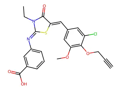 3-((E)-((Z)-5-(3-chloro-5-methoxy-4-(prop-2-yn-1-yloxy)benzylidene)-3-ethyl-4-oxothiazolidin-2-ylidene)amino)benzoic acid structure