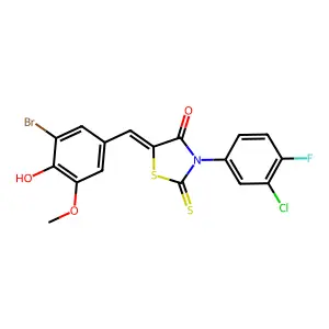 (5E)-5-(3-bromo-4-hydroxy-5-methoxybenzylidene)-3-(3-chloro-4-fluorophenyl)-2-thioxo-1,3-thiazolidin-4-one structure