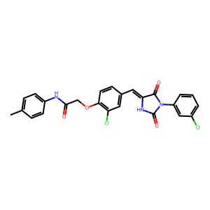 2-(2-chloro-4-{(E)-[1-(3-chlorophenyl)-2,5-dioxoimidazolidin-4-ylidene]methyl}phenoxy)-N-(4-methylphenyl)acetamide structure
