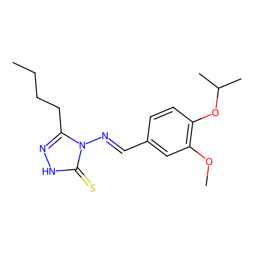 5-butyl-4-[(E)-{[3-methoxy-4-(propan-2-yloxy)phenyl]methylidene}amino]-4H-1,2,4-triazole-3-thiol structure
