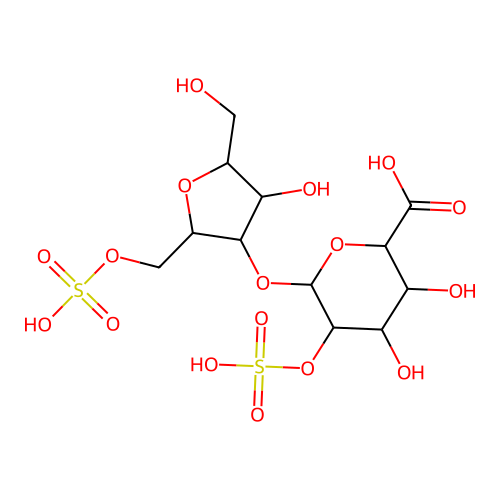 O-(glucuronic acid 2-sulfate)-(1--4)-O-(2,5)-anhydromannitol 6-sulfate structure