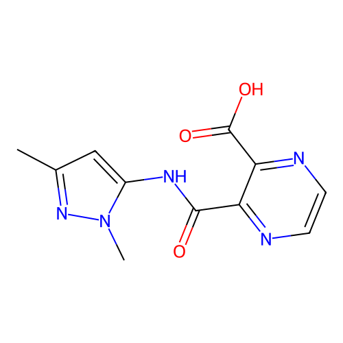 3-((1,3-dimethyl-1H-pyrazol-5-yl)carbamoyl)pyrazine-2-carboxylic acid structure