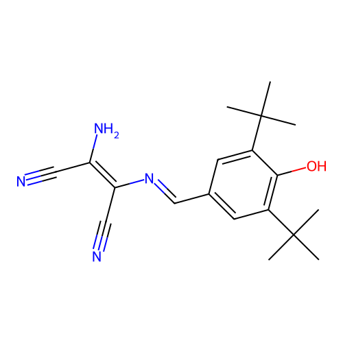 2-amino-1-(1-aza-2-(3,5-bis(tert-butyl)-4-hydroxyphenyl)vinyl)ethene-1,2-dicarbonitrile structure