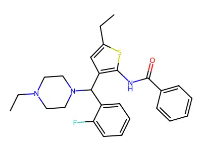 N-[5-ethyl-3-[(4-ethylpiperazin-1-yl)-(2-fluorophenyl)methyl]thiophen-2-yl]benzamide structure