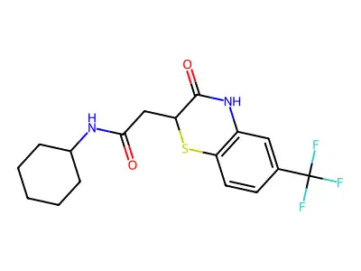N-cyclohexyl-2-[3-oxo-6-(trifluoromethyl)-4H-1,4-benzothiazin-2-yl]acetamide structure