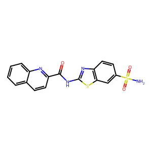 N-[(2E)-6-sulfamoyl-1,3-benzothiazol-2(3H)-ylidene]quinoline-2-carboxamide structure