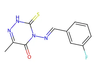 4-[(3-fluorophenyl)methylideneamino]-6-methyl-3-sulfanylidene-2H-1,2,4-triazin-5-one structure