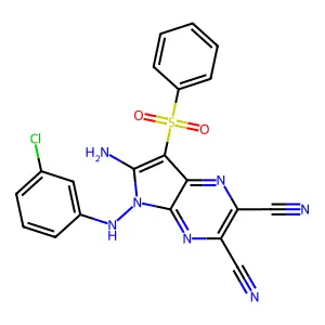 6-amino-7-(benzenesulfonyl)-5-(3-chloroanilino)pyrrolo[2,3-b]pyrazine-2,3-dicarbonitrile structure