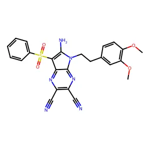6-amino-7-(benzenesulfonyl)-5-[2-(3,4-dimethoxyphenyl)ethyl]pyrrolo[2,3-b]pyrazine-2,3-dicarbonitrile structure